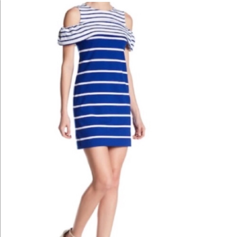 {Vince Camuto} Blue Striped Cold Shoulder Knit Casual/Work/Office Dress